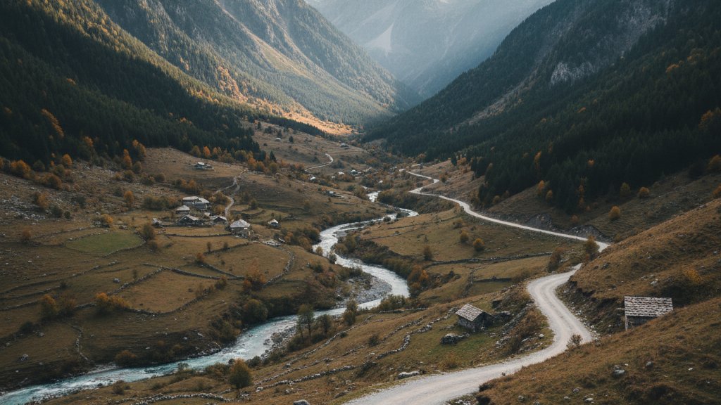 Albanian mountain valley with a single 4x4 SUV on a gravel road